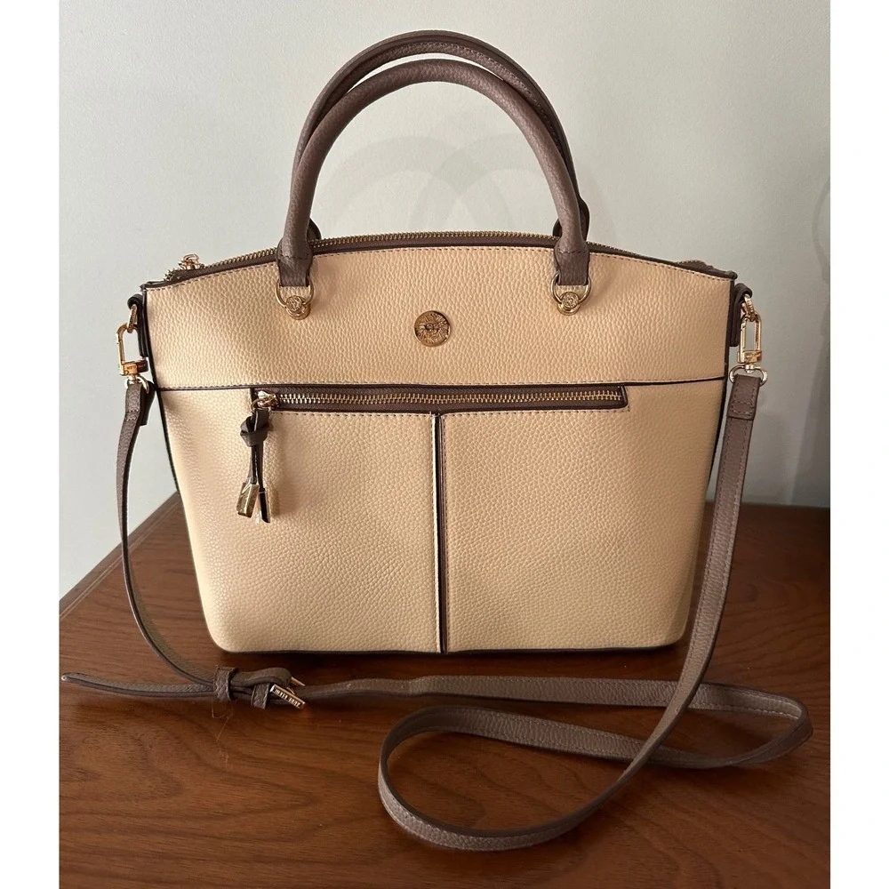 Anne Klein Two Tone Pebbled Satchel Crossbody Bag Beige Taupe Gold Tone NWOT